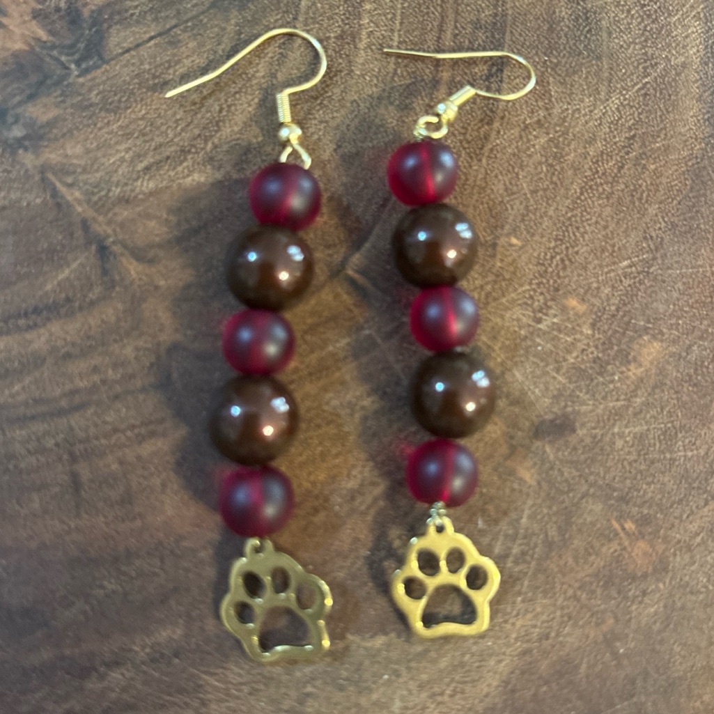Nwt Handcrafted Maroon Beaded Earrings With Gold Paw Charms
